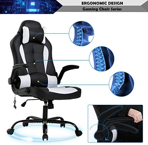 Massage Gaming Chair, PU Leather Gaming Chairs for Adults, Comfy Office Chair Ergonomic Desk Chair Computer Chair with Flip Up Arms, Swivel Reclining Gamer Chair, Height & Backrest Adjustable, White