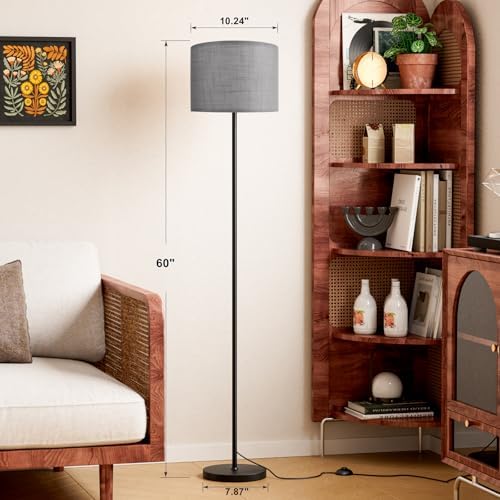 Ambimall 60'' Modern Floor Lamp with Shade, Tall Lamps for Living Room, Bedroom, Office, Dining Room, Linen Grey Shade with Black Pole(Without Bulb)