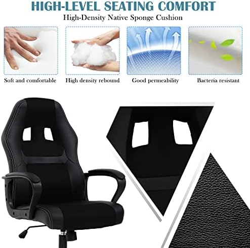 Black Ergonomic Gaming Chair - Adjustable High Back & Armrest, PU Leather, 360 Swivel, Heavy Duty for Kids, Teens & Adults