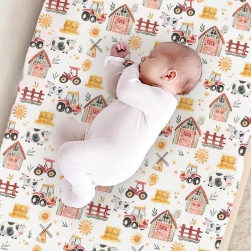Watercolor Farm Life Cows Tractor Baby Changing Pad Cover, Unisex Farm Animals Nursery Diaper Changing Table Pad Mat Sheet for Boys Girls-16x32