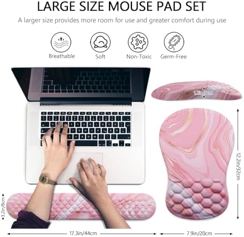 Mouse Pad Wrist Support, Laokiiy 2 in1 Keyboard Wrist Rest+ Ergonomic Mouse Pad, Non-Slip Wrist Rest for Computer Keyboard, Made Easy Typing & Relieve Wrist Pain(Rose Gold Pink Marble)