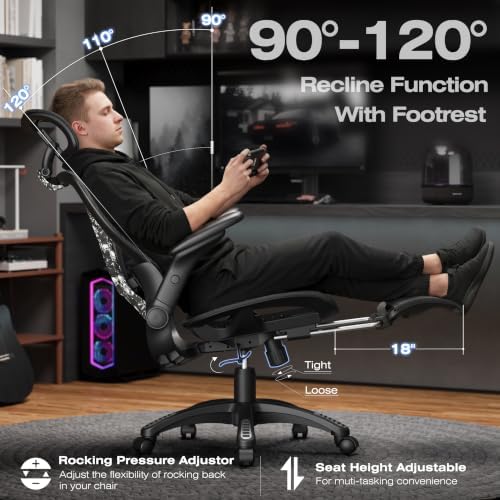 ELABEST X100 Ergonomic Mesh Office Chair with Footrest, Big and Tall Home Desk Chair with 5D Flip-Up Arms, Adjustable 3D Lumbar Support, Gaming & Executive Computer Chair (Night Reaper)