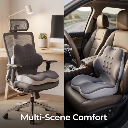 Ergonomic L-Shaped Memory Foam Seat Cushion with Lumbar Support, One-Piece Office Chair Cushion for Tailbone, Hip & Lower Back Pain Relief, Car Seat, Truck, Wheelchair & Home, Gray