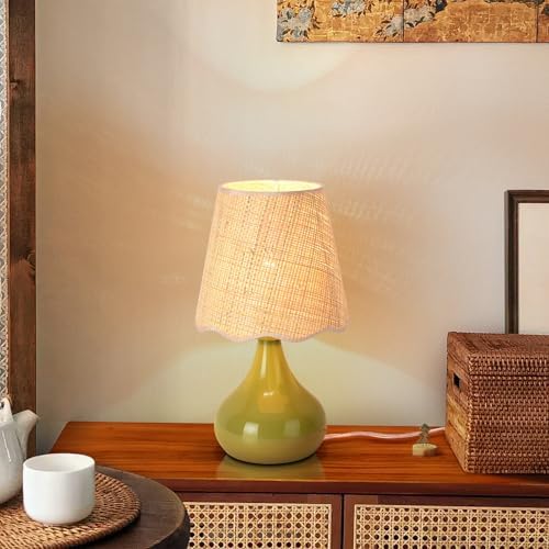 Green Small Touch Control Table Lamp for Bedroom,Green Bedside Lamps for Nightstand,Cute Mini Small Table Lamps for Small Spaces with Scalloped Shade for Kitchen Counter,Bookshelf,Living Room