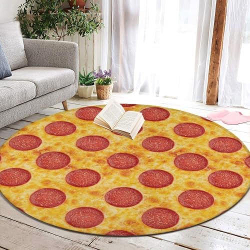 Large Machine Washable Circular Rugs, Home Decor Round Mat for Living Room Sofa Office Compatible with Pepperoni Pizza