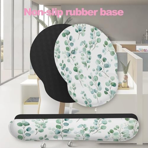 Eucalyptus Leaf Boho Ergonomic Wrist Support Keyboard Mouse Wrist Rest Set, Computer Office Comfortable Wrist Rest for Mouse Easy Typing