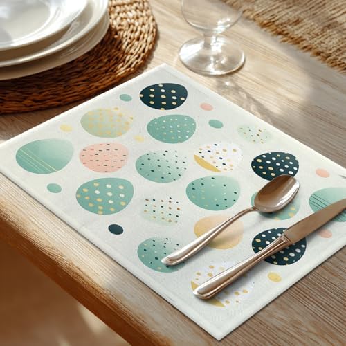 Shrahala Easter Eggs Pastel Colors Set of 8 12 X 18 Inch Linen Placemats, Colorful Decorated Eggs Burlap Table Mat Washable Double Layered Heat Insulation for Indoor/Outdoor