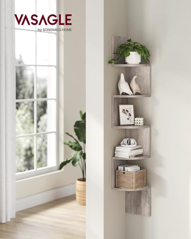 VASAGLE Corner Shelf Wall Mount, 5-Tier Floating Corner Bookshelf