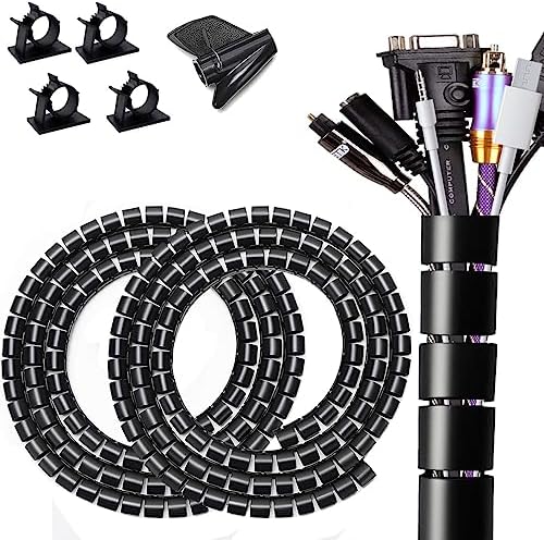 Large PC Cable Management Tube Sleeve Under Desk Wire Organizer for Cords 2 PCS Black, 1.1 inch -5 ft EZ Spiral Cable Wrap Cover Bundler w/Clips for TV Office, Pet Proof Cable Protector