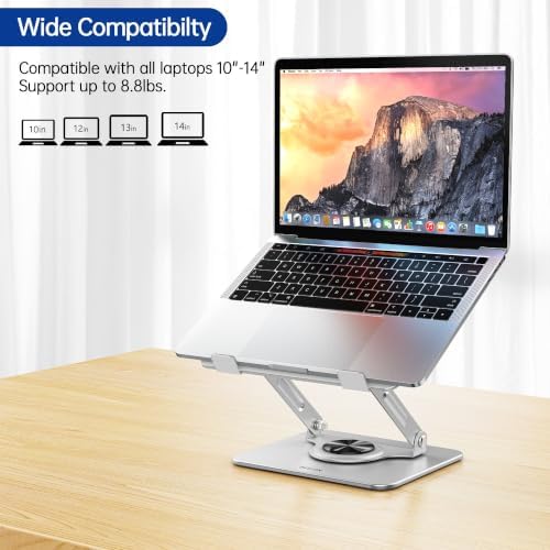 BESIGN Laptop Stand with 360° Rotating Base, Ergonomic Adjustable Notebook Riser, Foldable Computer Holder Compatible with 10-14" Laptops, LS11 Silver