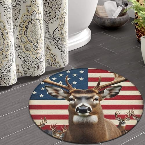 Fashion Round Area Rug Large Non Slip Carpet Unisex Home Decor Mat American US Flag Hunting Deer