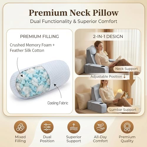 Reading Pillow for Adults, Back Pillow for Bed Sitting Up, Backrest Pillow for Sitting in Bed, Detachable Arms with Built-in Cup & Phone Caddy (White Cooling - Polka, 19 INCH)