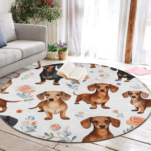 Large Home Decor Mat, Soft Round Yoga Carpet, Non Slip Machine Washable Kitchen Office Circle Rug Dachshund Wiener Dog