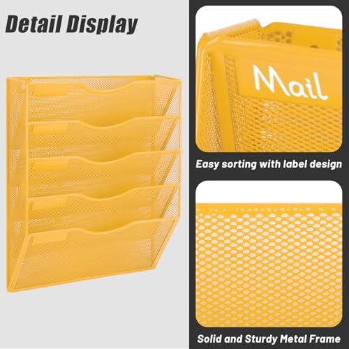 EASEPRES 5 Pocket Mesh Hanging Wall File Organizer, Wall Mounted Mail Paper Document Folder Holder, Clipboard Storage Organization Magazine Rack with Nametag Label for Office Home School, Yellow