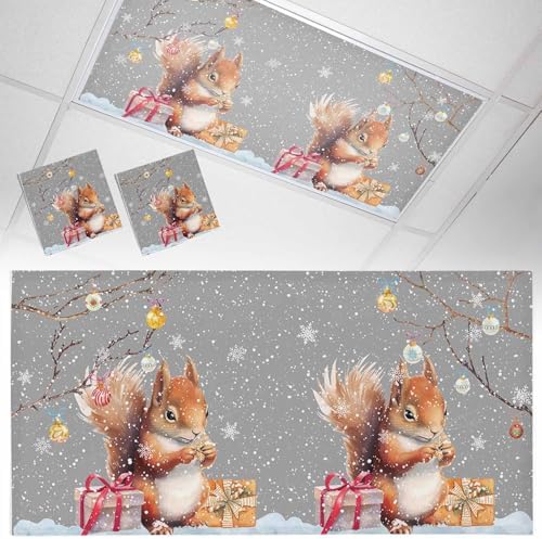 2 Pcs Fluorescent Light Covers for Ceiling Lights,Xmas Squirrel Winter Snowflake,Magnetic Light Filters Drop Fluorescent Lights Shade for Office Christmas Ball Branch Gray