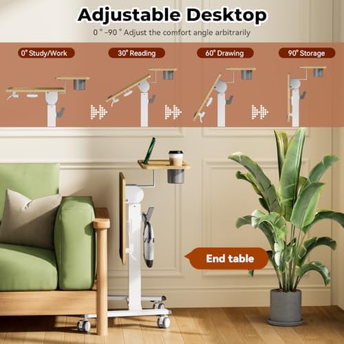 28" Mobile Standing Desk, Tiltable Top with 2-Tier Shelves, Maple