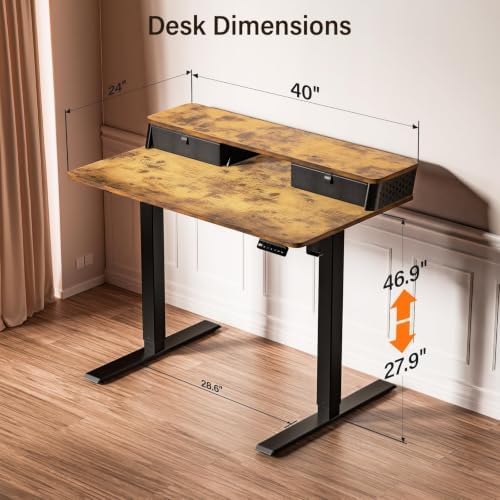 Kingant 40x24 Inch Electric Standing Desk with Dual Drawers, Rustic Brown