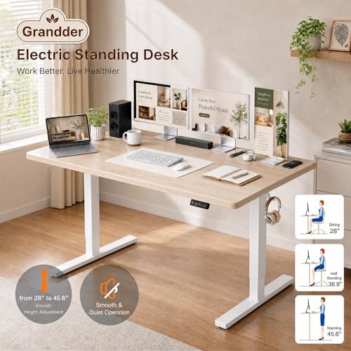 Grandder 47x32 Large Electric Standing Desk, Height Adjustable Computer Desk with 2 Memory Presets, 31.5" Deep Desktop Sit Stand Desk Home Office Desk Workstation Table with Hooks, Light Walnut