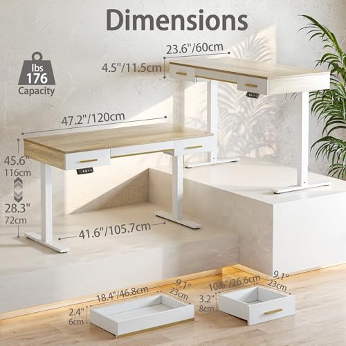TIQLAB One-Piece Top Electric Standing Desk, 47 x 24 Inch Height Adjustable Sit Stand Desk with Three Drawers for Home Office, Maple