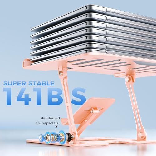 Ergonomic 2-in-1 Laptop Phone Stand for Desk, Pink Laptop Stand Adjustable Riser, Sturdy and Portable, Fits All Laptops and Phone (Pink)