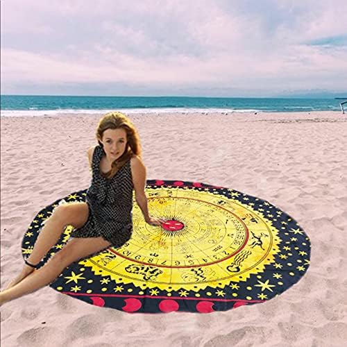Round Beach Tapestry Turquoise Mandala Throw/Boho Hippie Beach Blanket Roundie/Indian Cotton Bohemian Large Round Table Cloth-Home Decor/Yoga Mat Meditation Picnic Rug (70", Yellow Black)