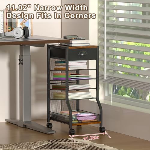 keomaisyto 6-Tier Rolling File Cart with Drawer, Under Desk Storage with Paper Letter Sliding Trays, Standing File Organizer with Wheels, Slim Workspace Organizers for Office/Home/School/Study