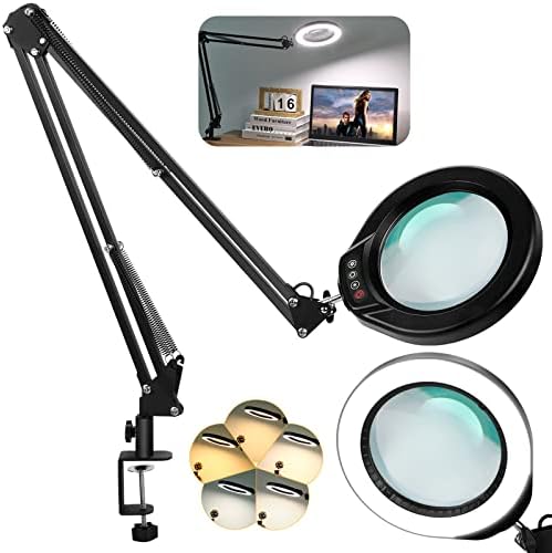 VEEMAGNI 5 Inch Large Real Glass Magnifying Glass with Light and Stand, 5 Color Modes Stepless Dimmable, 2*16 Inch Swivel Arm LED Clamp Desk Lamp, Hands Free 12X Lighted Magnifier for Close Work Craft