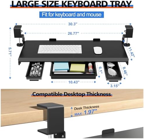 27" x 12" Height Adjustable Keyboard Tray Under Desk with Drawer