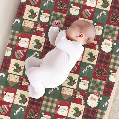 Christmas Theme Leaves Checkered Patchwork Winter Holiday Pattern Baby Changing Pad Cover, Unisex Christmas Nursery Diaper Changing Table Pad Mat Sheet for Boys Girls-16x32