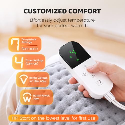 Electric Heating Pad for Back Pain & Period Cramps, 12"x24", Gray