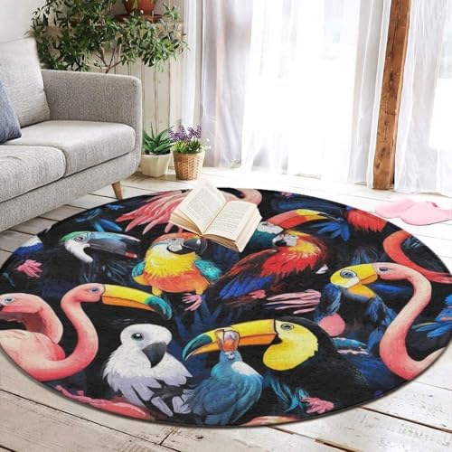 Large Round Area Rug Home Decor Modern Bathroom Rug Kitchen Office Circle Rug for Living Room Sofa Circle Cute Mat Exotic Birds Parrot Flamingo Art, 36inch