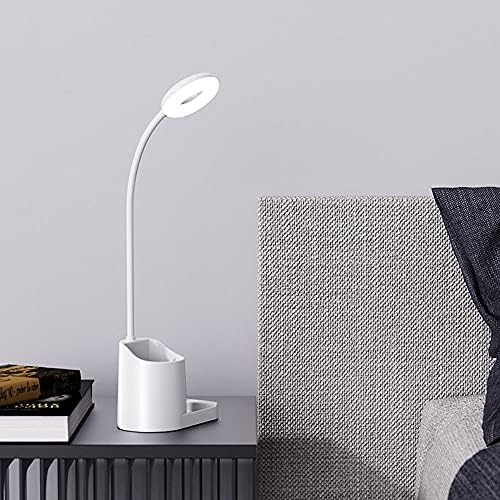 LED Desk Lamp, Home Office Eye-Caring Desk Light, with Pen Holder/Phone Holder/USB Charging Port Table Lamps, 3 Lighting Modes, Touch Control, Blue Light Filter, Reading Lamp, 1200mAh White