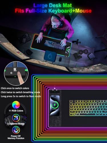RGB Gaming Mouse Pad with Fast Wireless Charger, LED Extended Desk Mat, Home Office Large Desk Pad with Ultra-Smooth Surface, Non-Slip Base, Waterproof Keyboard Pad (Black)