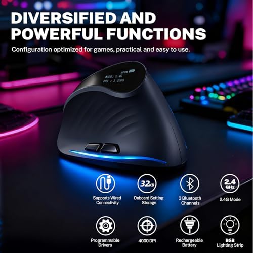 Gaming Mouse with Display, Wireless Vertical Ergonomic Mouse with Tri-Mode Connectivity, 7 Programmable RGB Buttons, 4000 DPI, Rechargeable for PC Laptop Mac