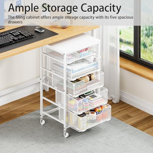 Sbanmao 5 Drawer Mobile File Cabinet, Under Desk Mobile Filing Cabinet with Wheels, Vertical Metal Filing Chest Rolling Small Desk Printer Stand Storage Organization for Home Office, White