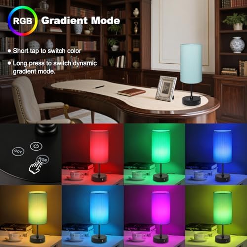 Unicozin Table Lamp for Bedroom, 3 Color Temperatures, 7 RGB Colors, Adjustable Brightness, Dual USB Charging Ports, Ambience Nightstand Light with Blue Shade, Desk Lamp for Kids Reading Home Office