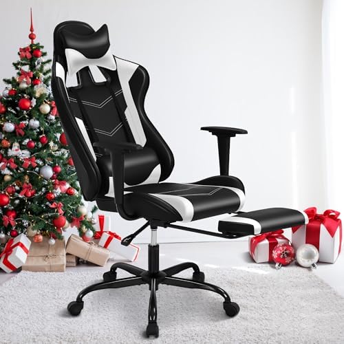 White Gaming Chair with Footrest, PU Leather Adults High Back Comfy Office Ergonomic Desk Computer Reclining Gamer Chair, Height & Backrest Adjustable, 300 Lbs