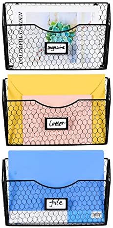 PAG-Mass 3 Pockets Hanging File Holder Wall Mount Mail Organizer Metal Chicken Wire Magazine Rack with Tag Slot, Black