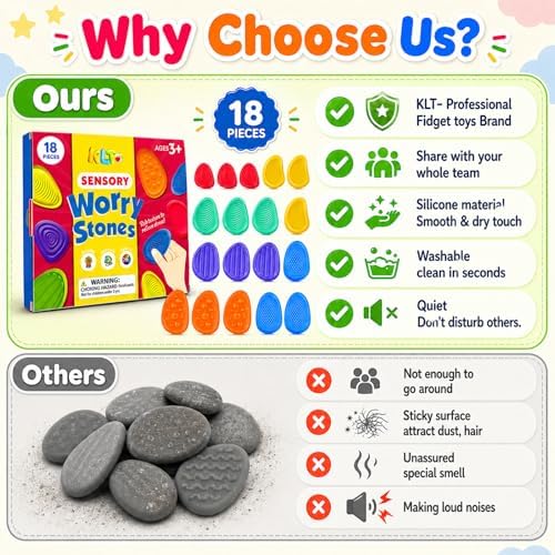 Fidget Toys Sensory Stone for Kids: 18 Pack Bulk Textured Worry Stone for Autism Calming - Quiet Fidgets for Classroom Students Prizes - Small Goodie Bags for Back to School Supplies Gifts