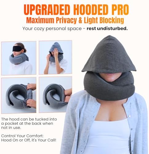 LOEXAIR™ Hooded Pro Travel Pillow - Memory Foam Neck Support Pillow for Airplane, Flight - Super-Soft Pure Cotton Fabric, Maximum Privacy & Light-Block Design, Lightweight Full Travel Kit - Dark Grey