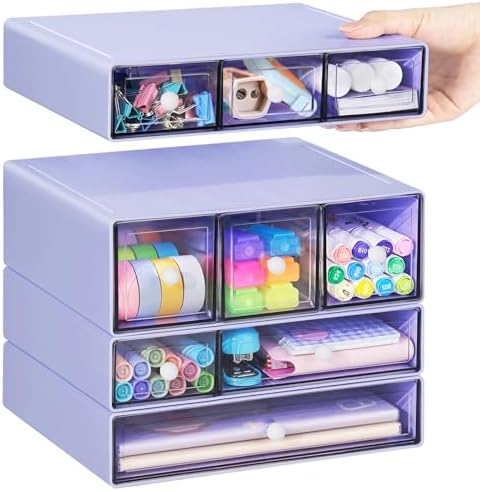 Desk Storage Organizer with 9 Drawers, 4 Tiers Stackable Desktop Craft Storage Drawers, Clear Storage Box Caddy for Stationary Makeup Jewelry Office Craft Supplies (Purple)
