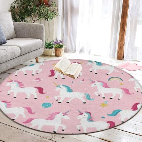 Men's Large Home Decor Mat, Soft Round Yoga Carpet, Non Slip Machine Washable Home Office Circle Rug Unicorns Pink