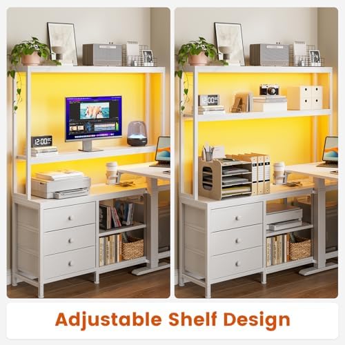 REAHOME 65Inch White L Shaped Standing Desk with Drawers and Hutch