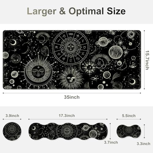Gaming Mouse Pad Keyboard Wrist Support, 4 in1 Mousepad Set with Wrist Keyboard Rest, Computer Desk Mat, Non-Slip Desk Pad Protector with Memory Foam Easy Typing Pain Relief I Moon Sun Cosmic
