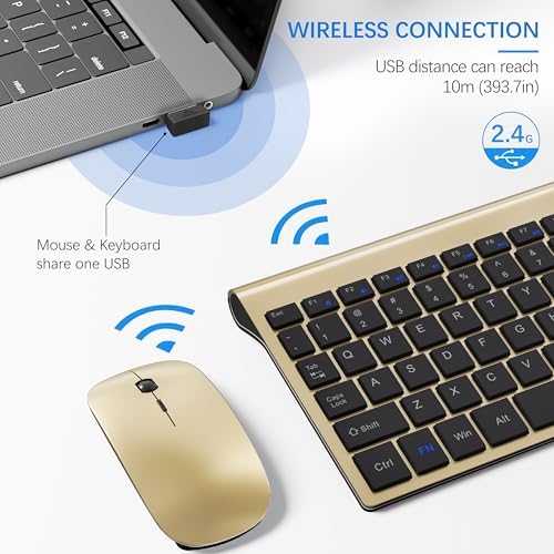 Wireless Keyboard and Mouse Ultra Slim Combo, TopMate - Gold Black