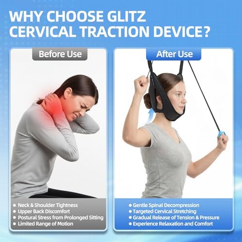 glitz Upgraded Neck Stretcher & Cervical Traction Device with Ratchet System – 50-200N Adjustable Over-Door Traction for Pain Relief & Spinal Decompression, Force-Limited Easy-Release Cord (2026 Ed.)