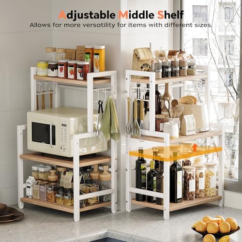 Kitchen Countertop Organizer, 3 Tier Large Spice Rack Organizer with Adjustable Shelf and 5 Hooks, Wooden Counter Organizer, Countertop Shelf Microwave Stand for Kitchen Coffee Bar, Light Coffee