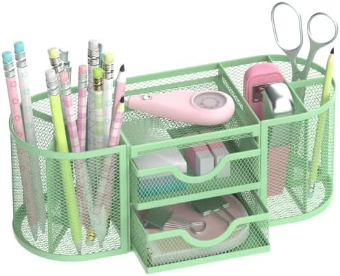 SUPEASY Mesh Desk Organizer, Pen Holder for Desk with 2 Drawers, MintGreen