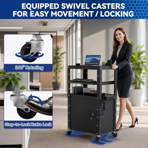 Mobile AV Cart with Cabinet Adjustable Height Computer Cart Rolling Media Utility Cart Heavy Duty with 4 Outlets & Pullout Keyboard Tray Mobile Computer Workstation with Lock Brake Wheels