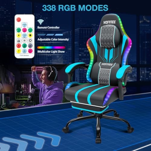 HOFFREE LED Gaming Chair with Bluetooth Speaker RGB Lights Game Chair-Blue